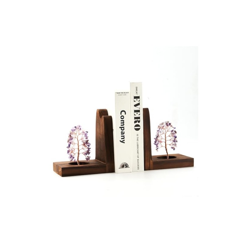 Wood Bookends for Shelves with Crystal Tree, Geode Bookstoppers for