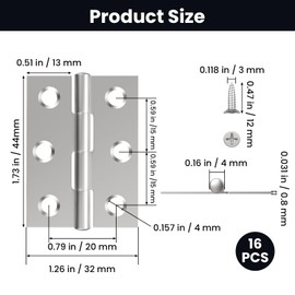 ZIUZI 16 Pcs Small Stainless Steel Door Hinges, 2 inch Window Folding Hings, Home Furniture Hardware with 96 Screws (Silver)