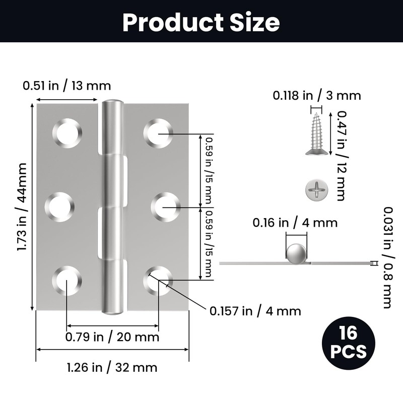 ZIUZI 16 Pcs Small Stainless Steel Door Hinges, 2 inch