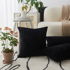 Home Brilliant Sofa Cushion Covers Black Cushion Cover Super Soft Striped Corduroy Decorative Pillows for Bed, 65 x 65cm, 26 inch, Set of 2, Jet Black