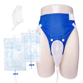 Wearable Urine Collector with Reusable Silicone Bag with Breathable Fixative Pant with Two Urinary Drainage Bags 2000ml 1000ml and 1.2m Catheter Soft Edge Design, Elderly Men Blue