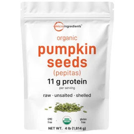 Organic Pumpkin Seeds, 4lbs | Raw, Unsalted, & Shelled – Whole Pepitas | Pumpkin Seeds to Eat | Great for Baking, Smoothies, & Salad Toppings | Natural Source of Essential Fatty Acids, Protein, & Iron