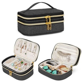 Teamoy Double Layer Jewelry Organizer, Small Jewelry Travel Case for Rings, Necklaces, Earrings, Bracelets, Pendant, Watch, Black