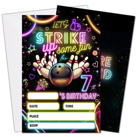 DTLGTG Bowling Birthday Invitations for Boys, 20 Pcs 4x6 Inch Bowling Party Invitation Cards with Envelopes & Seal Stickers, 7th Neon Birthday Party Invitations