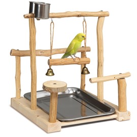 Pecirvoli Natural Solid Wood Parrot Perch with Tray, Budgerigar Stand for Play, Rough Texture Bird Playground, High Hardness Nature Perch