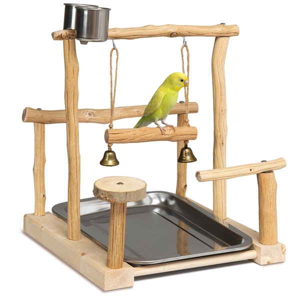 Pecirvoli Natural Solid Wood Parrot Perch with Tray, Budgerigar Stand