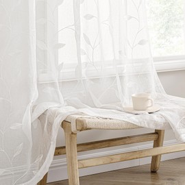 MIULEE White Curtains 2 Panels Embroidered Leaf Patterned Rod Pocket Floral Semi Sheer Faux Linen Window Curtains Drapes for Living Room Bedroom Farmhouse,52x96 Inches Long