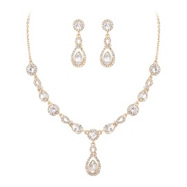 EleQueen Wedding Round Teardrop Crystal Party Jewelry Set for Women, Gorgeous Bridal Pear-Shape Rhinestone Necklace Earring Sets for Bride Bridesmaid Clear Gold-Tone