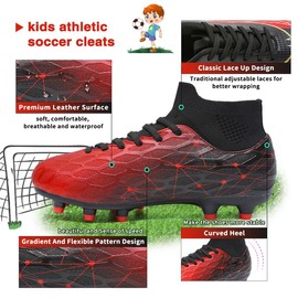 Hanani Boys Girls Soccer Cleats for Kids Football Shoes High Top Training Youth Football Cleats Outdoor/Indoor Athletic Turf Shoes Black/Red