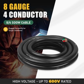 6ft 8/4 8 AWG Portable Power Cable (4 Conductor) - SOOW 600V 8 Gauge Electric Wire for Generator, Portable Lights, RV/EV Car Battery Chargers and Machinery - 6 Feet Electrical Cord