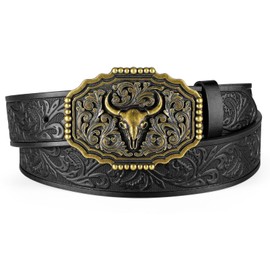 JASGOOD Western Leather Belt for Men Women Cowboy Cowgirl Removable Buckle & Full-Grain Strap Vintage Adjustable Belt for Jeans, Dark Black (Leaf), Fit Waist Size 31"-34"