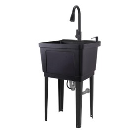 Jumbl Freestanding Utility Sink with Pull-Down Faucet | Laundry Room Tub with Gooseneck Sprayer, Single Handle Flow Control, Soap Dispenser, Drain Plug & Heavy-Duty Iron Legs with Levelers | Black