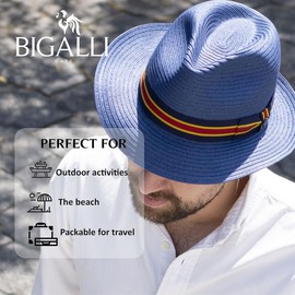 Bigalli Cuba Paper Braid Sun Hats for Women Men Crushable, Summer Beach Hat, Center Dent Shape, Grosgrain Ribbon | UV Protection SPF 80 Certified | Fedora Hats | Navy Small