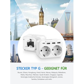 LENCENT Travel Adaptor UK Germany Plug, Type G Socket, Travel Plug with 1 USB-C & 3 USB-A Ports, Double EU Schuko to UK for England, UK, Scotland, Ireland, Maldives Sockets