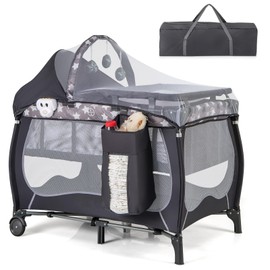 HONEY JOY Pack and Play, 4 in 1 Portable Baby Playard with Bassinet, Changing Table, Lockable Wheels, Music Box, Foldable Travel Baby Crib Nursery Center from Newborn to Toddler(Gray)