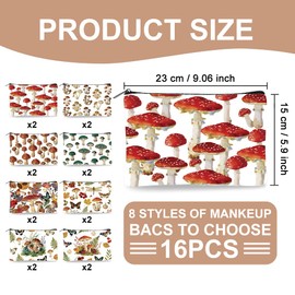 Doodlream 16Pcs Canvas Mushroom Makeup Bag, 23 x 15 cm Mushroom Fungus Cosmetic Bags Travel Organizer Portable Accessories with Zipper, Toiletry Large Capacity, Purse Organizer Pouches