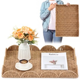 Teenyyou Paper Rope Scalloped Tray 24" L x 18" W x 2.4" H Rectangle Woven Decorative Coffee Table Serving Tray with Handle Ottoman Large Handwoven Basket Home Decor for Kitchen Counter Organizing