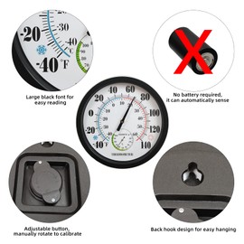 Indoor Outdoor Thermometer Large Numbers 12 Inch Wall Weather Thermometer Hanging Garden Decor Hygrometer No Battery Needed (Black)