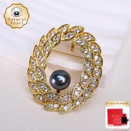 MUFANYOYO 9-10mmNatural Freshwater Pearl Brooch, Gold-Toned Leaf Design, Black Pearl Center, Zirconia Accents, Oval Shape, 1.5 Inches，vintage elegance，sophisticated for ladies.