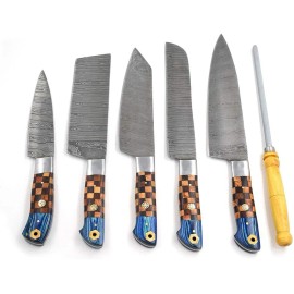 Wild Turkey Handmade Damascus 6pc Kitchen Chef Knife Gaming Set Full Tang Blades