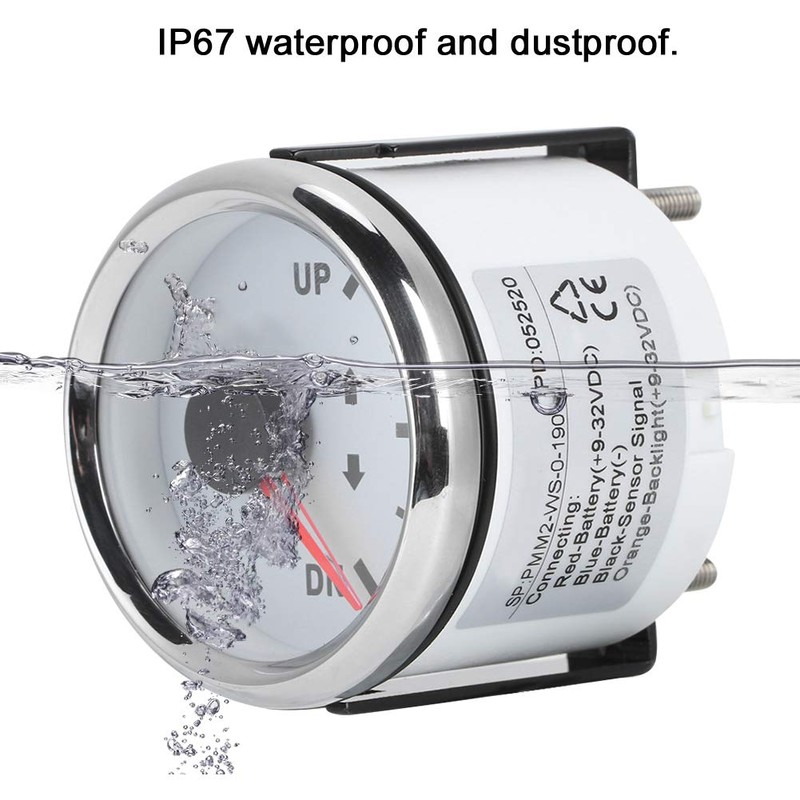 Trim Gauge, 52mm/2in UP-DN 0-190ohm IP67 Waterproof Boat Trim Meter
