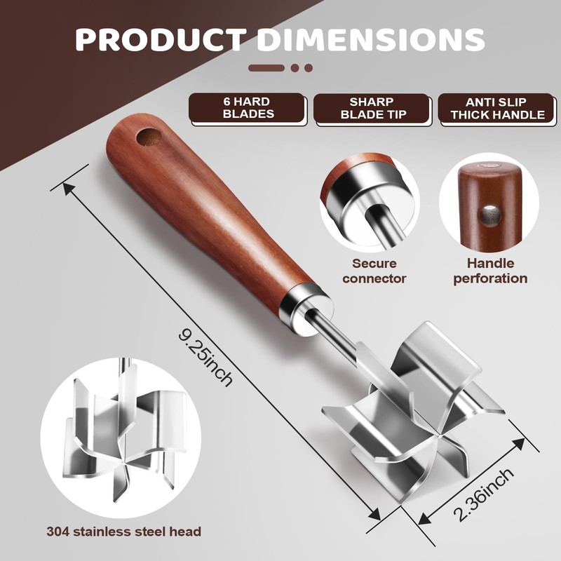 Stainless Steel Meat Chopper Masher, 6 Blade Ground Beef Chopper
