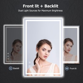 YOLEO 24x36 LED Bathroom Mirror, 36x24 Led Mirror for Bathroom with Front and Backlit, Lighted Bathroom Vanity Mirror for Wall, Anti-Fog, Dimmable, Memory Function, 3 Colors, Horizontal/Vertical