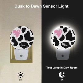 Uanvaha Cow Nightlight Black Cow Print with Cute Pink Heart LED Dusk to Dawn Night Lamp Auto Sensor for Bedroom Bathroom Hallway Living Room