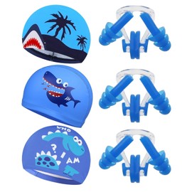 EHDWXVZM 3-piece children's swimming caps with 3 sets of earplugs and nose clips, cute cartoon swimming cap, elastic and comfortable swimming caps, swimming equipment.