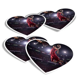 Vinyl Heart Stickers (Set of 4) - Basketball Player Hoop Ball Pro Fun Decals for Laptops,Tablets,Luggage,Scrap Booking,Fridges #21191