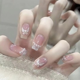 Press On Nails, Beauty Pattern Fake Nails, Summer Cute Stick on nails, Short Square Almond Ballet Shape Glue on Nails on 24PCs (Nude Pink Butterfly)