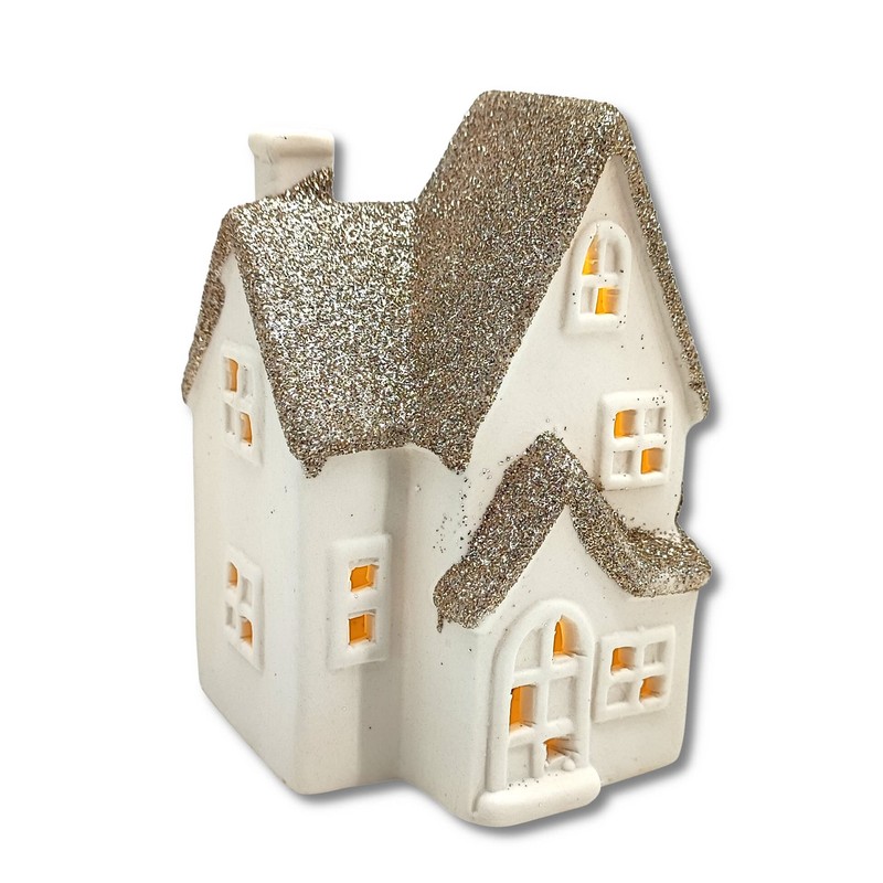 DARO DEKO Ceramic LED House - White Gold Glitter -