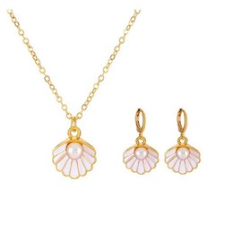 Seashell Pearl Pendant Necklace Gold Plated Boho Enamel Pink Blue Scallop Sea Shell Starfish Ocean Animal Chain Necklace for Women Hawaiian Summer Beach Holiday Fashion Jewelry Gifts (White jewelry set)