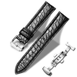 Moran Genuine Leather Watch Band 18mm 19mm 20mm 21mm 22mm 23mm 24mm Calf Grain Watch Strap for Men and Women 24mm Crocodile Leather-Black-Silver Buckle