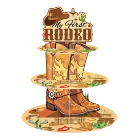 LeerooDecor My First Rodeo Cowboy Cupcake Stand 3-Tier Vintage Brown Cardboard Dessert Display Western First Birthday Party Decorations for Boy