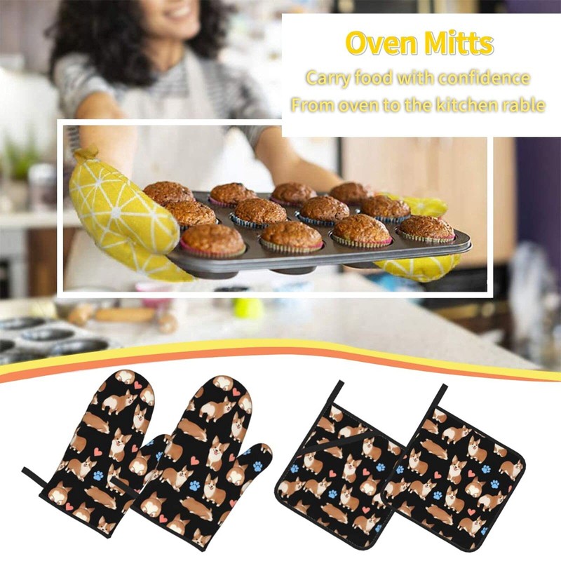 Cute Corgi Dog 4pcs Oven Mitts and Pot Holders Sets,Heat