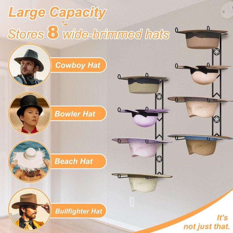 8 Pieces Cowboy Hat Organizer Hangers for Wall, Western Hat