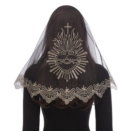 Bozidol Mantilla D-Shaped Sacred Heart Embroidered Veil for Women Church Mass Catholic Events - Black Gold with Sacred Heart and Rose Embroidery