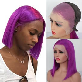 GIRLOFDREAMS 13x4 Purple Colored Bob Wig Human Hair 180 Density Straight Lace Frontal Wigs Pre Plucked with Baby Hair Short Brazilian Remy Color Hair Transparent Front Glueless Wigs for Black Women