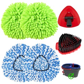 Hezane 2 Microfiber Mop Head Refills and 2 Chenille Mop Pads,1 Upgrade Scrub Brush 1 Spin Mop Base for O Cedar RinseClean 2 Tank Spin Mop System,Spin Microfiber Mop Refills for Cleaning All Floors