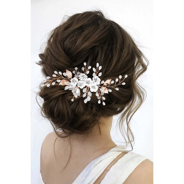 Latious Silver Flower Bride Wedding Hair Comb Pearl Bridal Side Comb Crystal Hair Piece Leaf Hair Accessories for Women and Girls (U- Rose Gold)