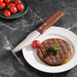 Soro Essentials- Set of 12 Stainless Steel Giant Steak Knife Rounded Tip and Wooden Handle- Riveted and Serrated Edge Steak Knife Set Sharp Blade for Restaurant Kitchen Tableware Camping