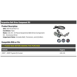 Serpentine Belt Accessory Drive Component Kit - 5-Piece - Compatible with 2007-2009 Toyota FJ Cruiser 4.0L V6