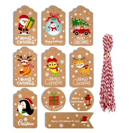 ZHIYE Christmas Tags, 50 Pieces 10 Styles Christmas Kraft Paper Tag Hang Labels with 50pcs Cotton String for Decorating Christmas Trees or Gift Packaging