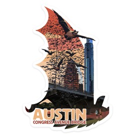 Lantern Press Sticker Austin, Texas, Bats and Congress Avenue Bridge, Die Cut Vinyl, (Waterproof Decal for Cars, Water Bottles, Laptops, Coolers), Small