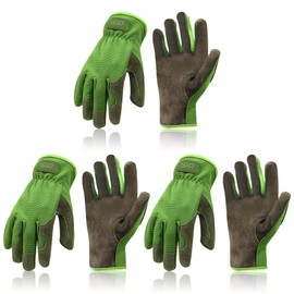 HANDLANDY - Leather Gardening Gloves for Men, Work Gloves for Mechanics, Construction, Driver, Breathable Design (3 Pairs, Green, XL (Pack of 3)