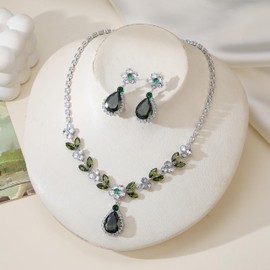 AMYJANE Women's Wedding Jewelry Sets for Bridal Bridesmaid Sparkly Rhinestone Leaf Cluster Olive Green Teardrop Pendant Necklace Dangle Drop Earrings for Party Prom