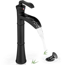 HEYMYTAP Black Waterfall Tall Bathroom Faucet Single Hole, Brass Bathroom Vessel Sink Faucet Single Handle with Pop-Up Drain & Pre-Installed Hoses, No Noise