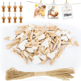 Hengxinc 129PCS Mini Wooden Heart Pegs, 2.4cm Natural Small Photo Pegs, White photo clips with 10m String for Photo Wall Display, Craft, Weddings & Party, Small Pegs for Hanging Photos