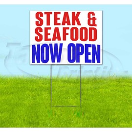 Steak & Seafood Now Open (18" x 24") Yard Sign, Quantity Discounts, Multi-Packs, Includes Metal Step Stake, Bandit, New, Advertising, USA